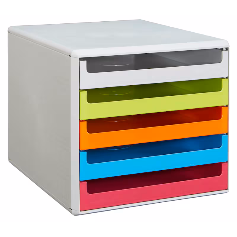 M&M Ablagebox, Schubladenbox grau, grün, orange, blau, rot 30050967, DIN A4 mit 5 Schubladen